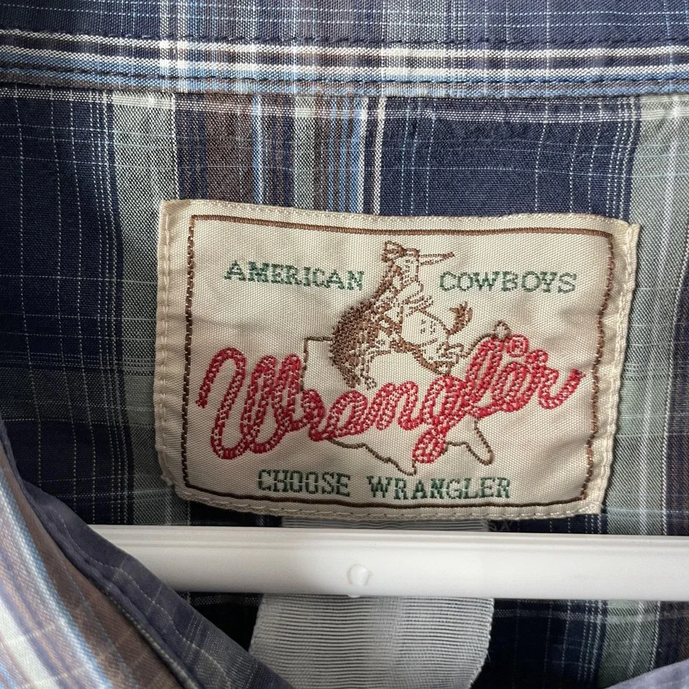 Vtg Wrangler Shirt Mens Medium Blue‎ Plaid Long Sleeve Pearl Snap Western Cowboy